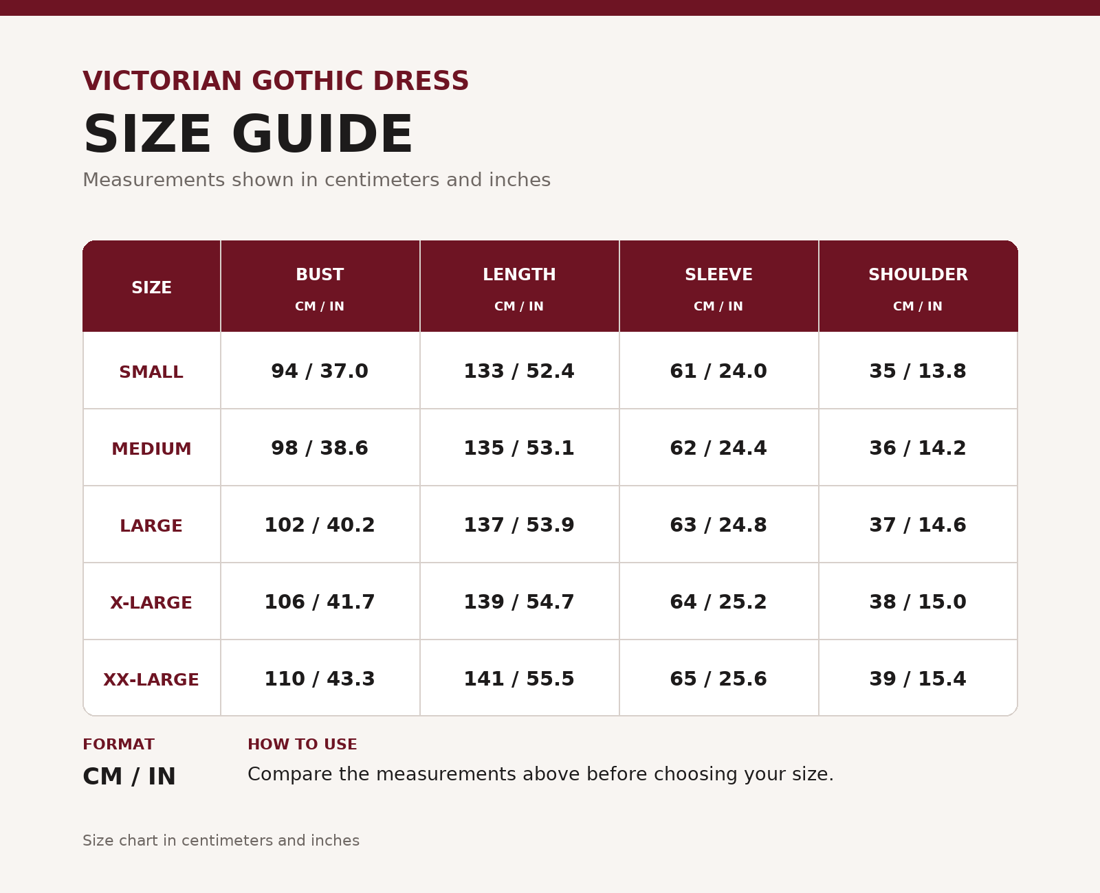 Black Victorian Gothic dress size chart in centimeters and inches