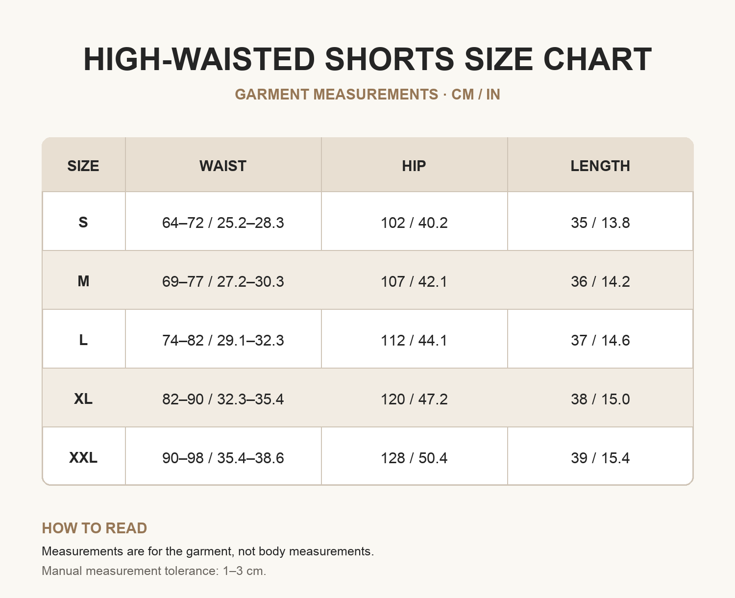 Light khaki high-waisted shorts size chart in centimeters and inches