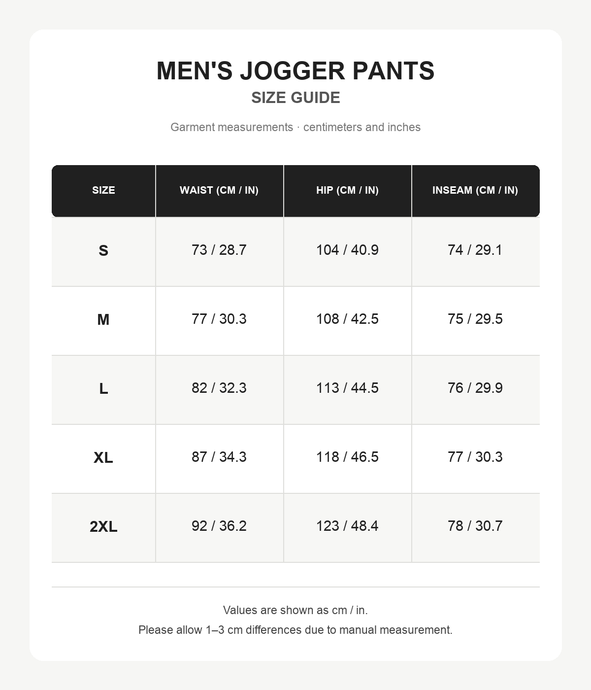 men's gray drawstring jogger pants size chart in centimeters and inches