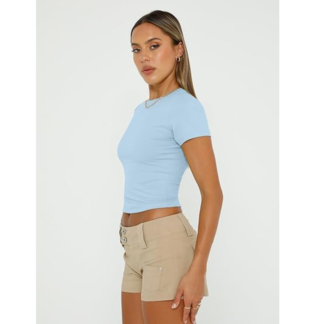 Side view of a light blue fitted short sleeve crew neck top