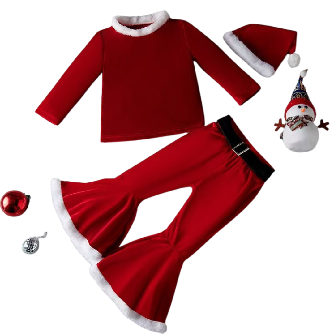 Christmas Outfit Santa Cosplay Costume Kid Long Sleeve Velvet Plush Flared Pant Hat Xmas Set