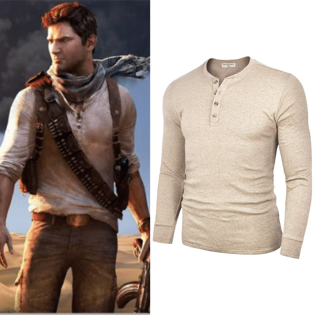 Uncharted Nathan Drake Costume Henley Cotton Casual T-Shirts