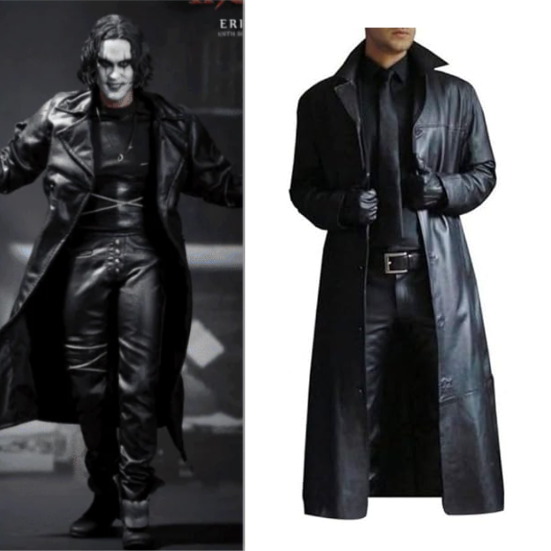 The Crow Costume Black Leather Trench Coat