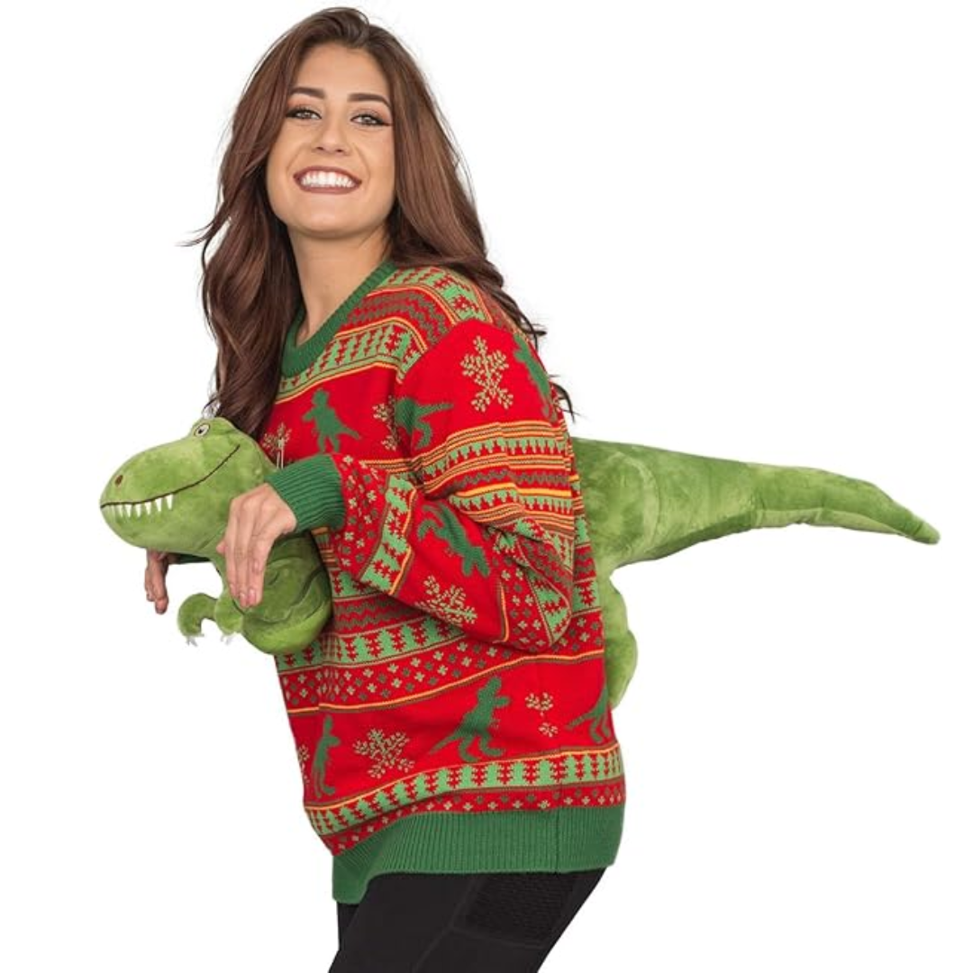 3D T-Rex Red and Green Adult Ugly Christmas Sweater