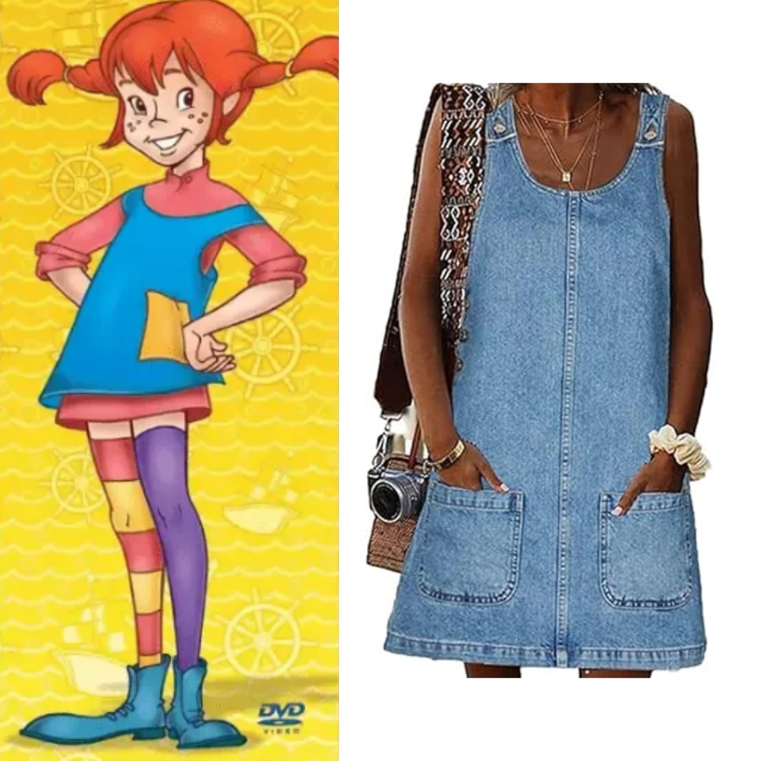 Pippi Longstocking Costume Sleeveless Casual Denim Dress with Pockets