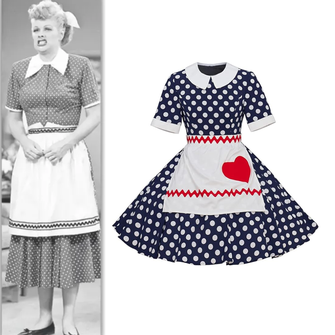 I Love Lucy Costume Polka Dot Dress with Apron - Quda Halloween