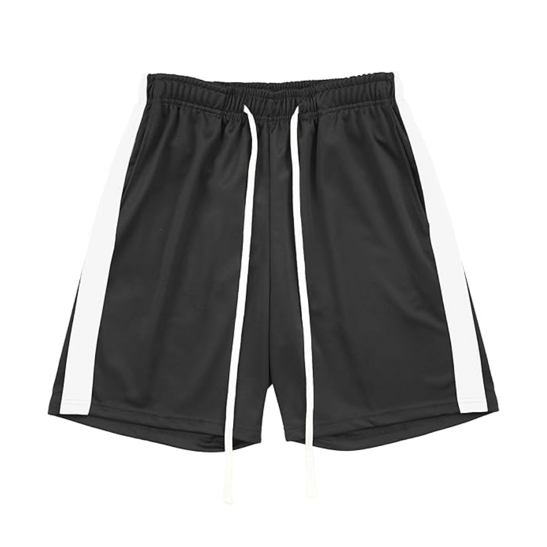 black drawstring track shorts with white side panels