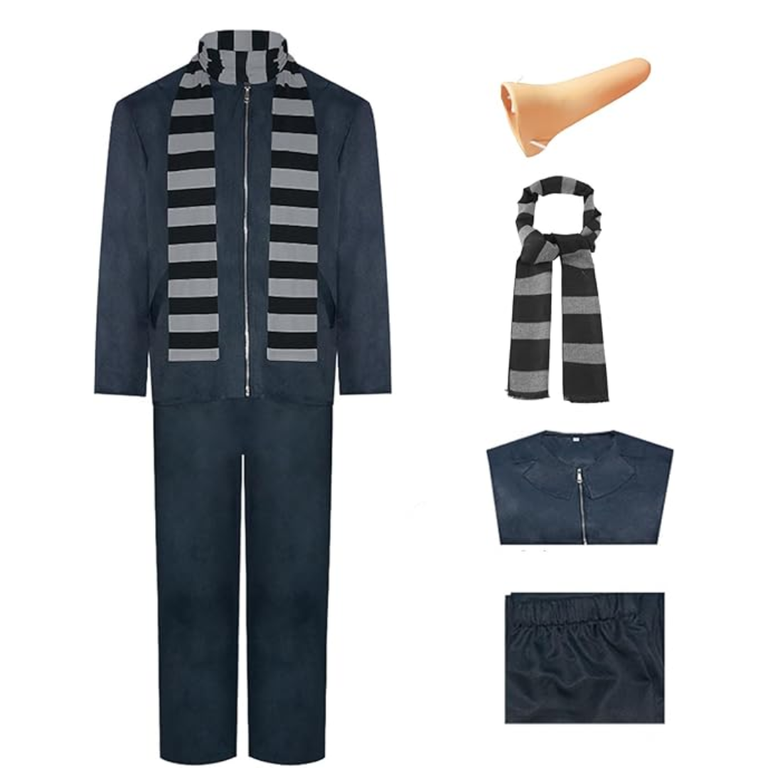 Despicable Me Gru Costume with Fake Nose Black Gray Striped Scarf