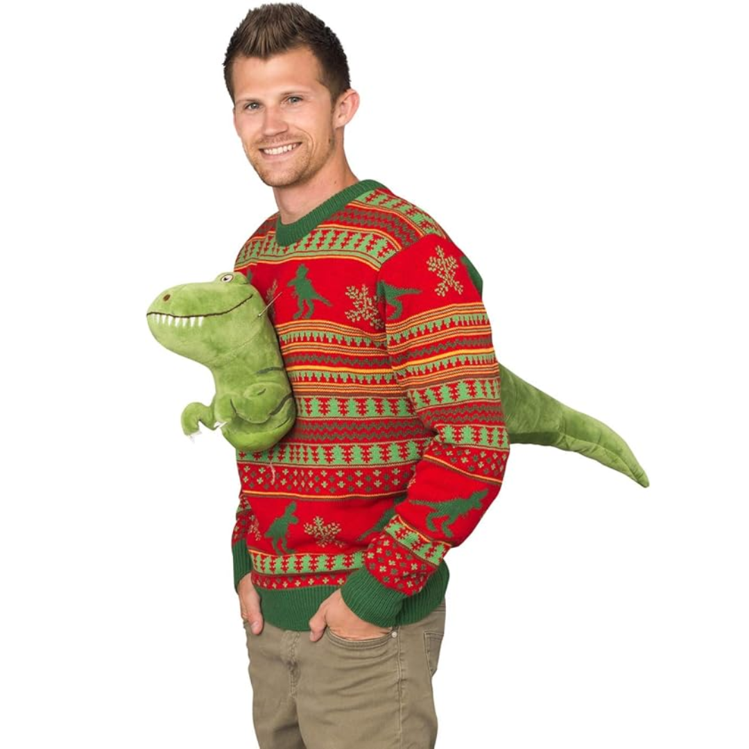 3D T-Rex Red and Green Adult Ugly Christmas Sweater