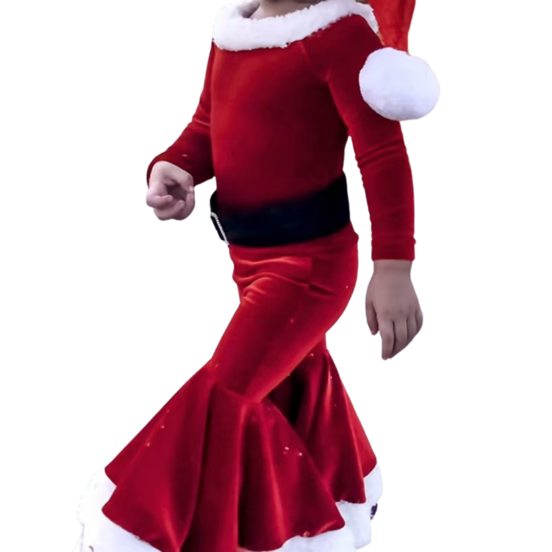 Christmas Outfit Santa Cosplay Costume Kid Long Sleeve Velvet Plush Flared Pant Hat Xmas Set