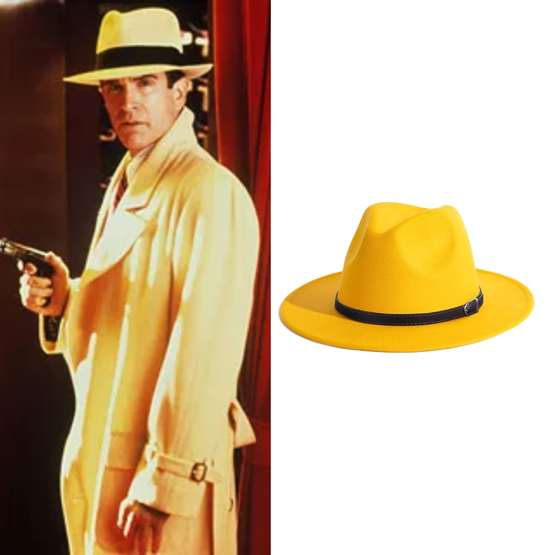 Dick Tracy Costume Yellow Fedora Hat with Belt Buckle