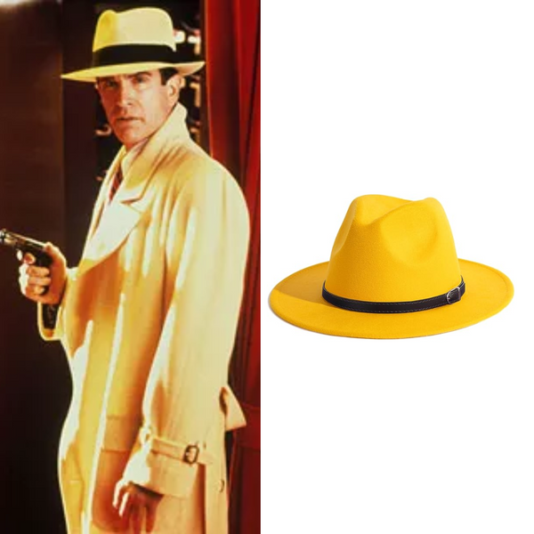 Dick Tracy Costume Yellow Fedora Hat with Belt Buckle Quda Halloween