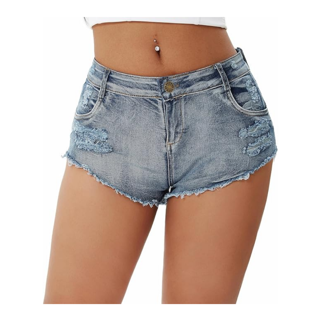 Front view of women’s high-waisted light-wash distressed denim shorts