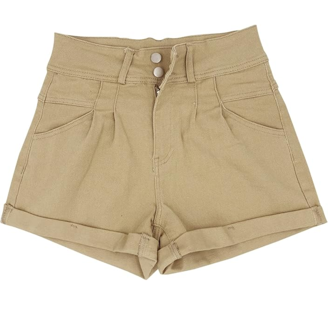 Front view of light khaki pleated shorts with cuffed hems
