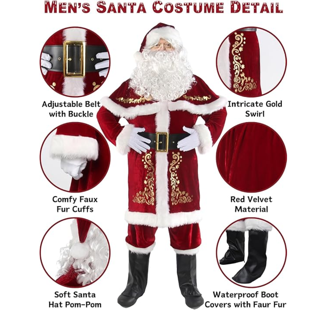 Santa Costume Set Christmas Deluxe Velvet Santa Claus Suit 12pcs