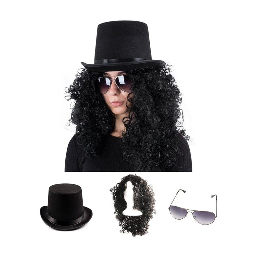 Slash Costume Heavy Metal Wig, Top Hat, and Sunglasses