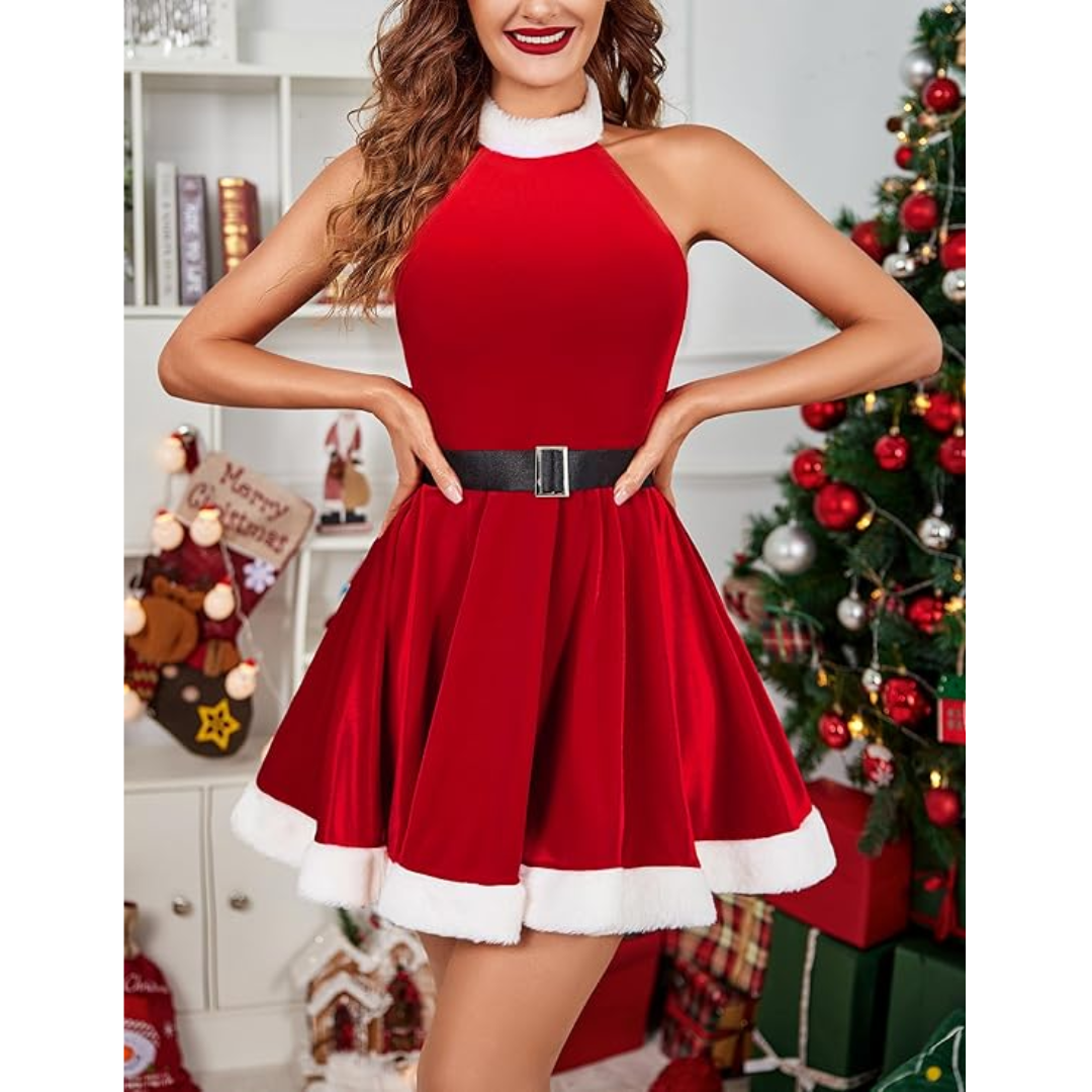 Christmas Costume Halter Neck Velvet Mini Dress Red - Quda Halloween Christmas Costume Halter Neck Velvet Mini Dress Red - Quda Halloween