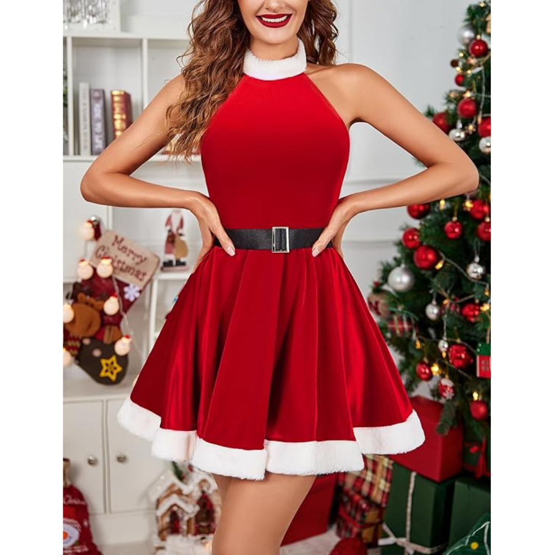 Christmas Costume Halter Neck Velvet Mini Dress Red