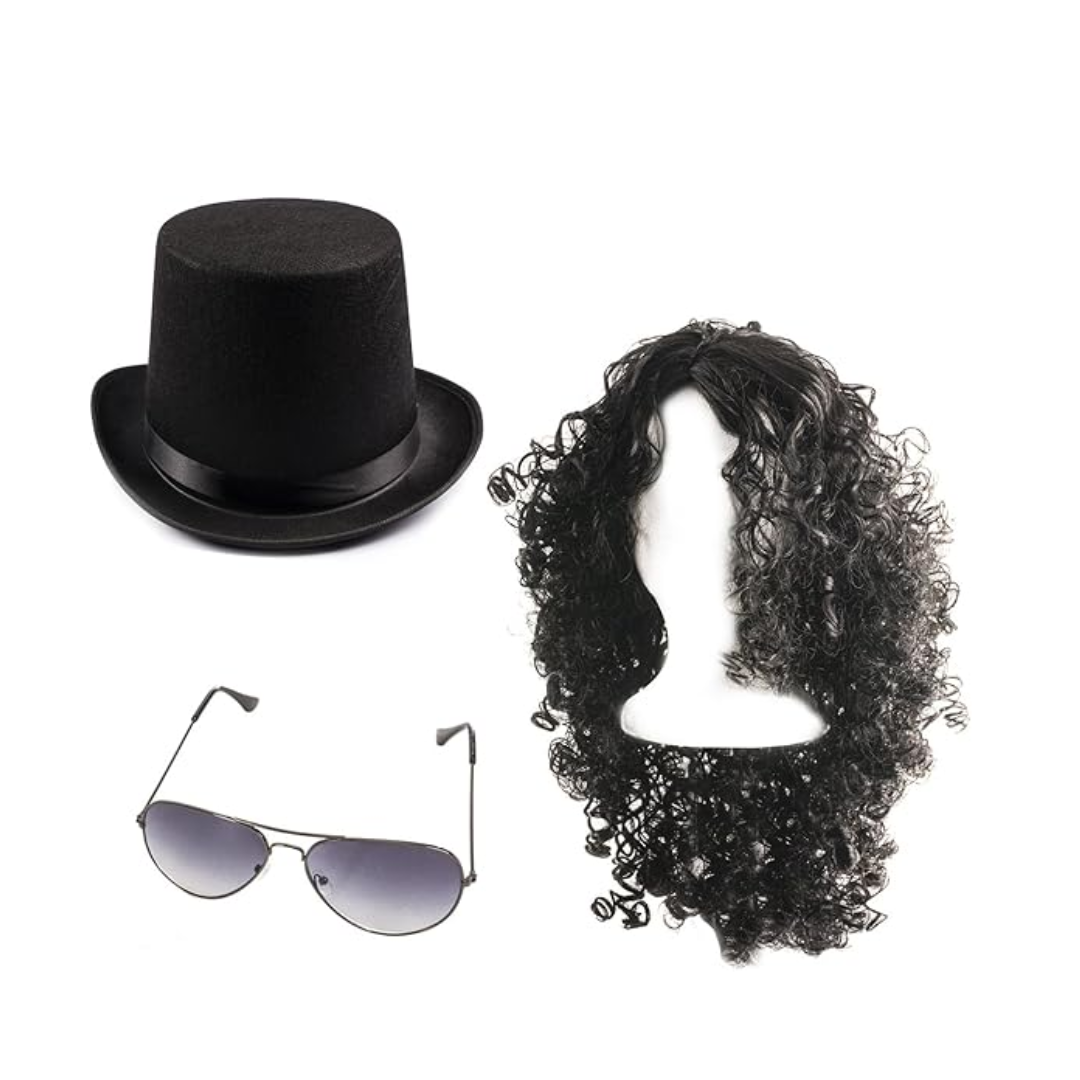 Slash Costume Heavy Metal Wig, Top Hat, and Sunglasses