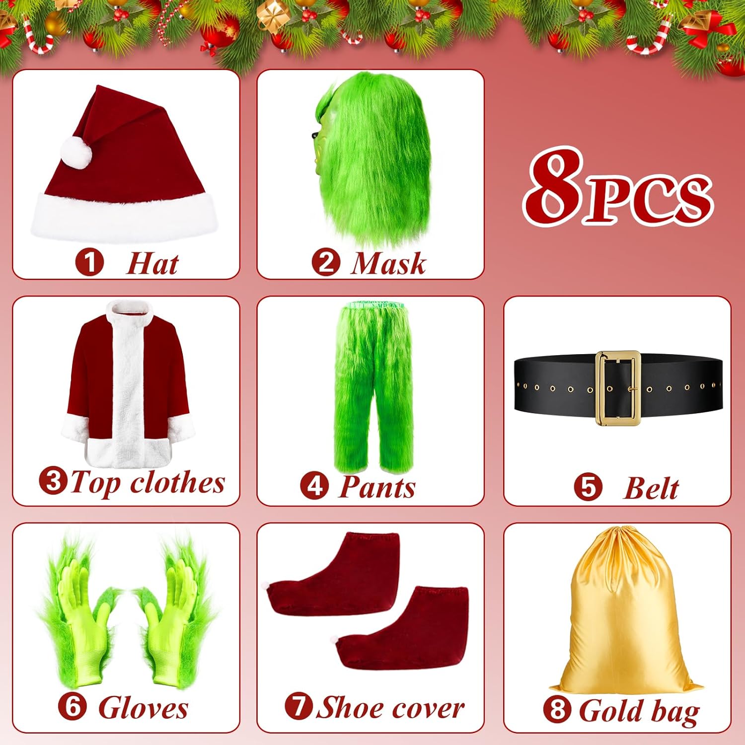 How the Grinch Stole Christmas The Grinch Costume 8PCS Christmas Santa Claus Halloween Costume With Mask