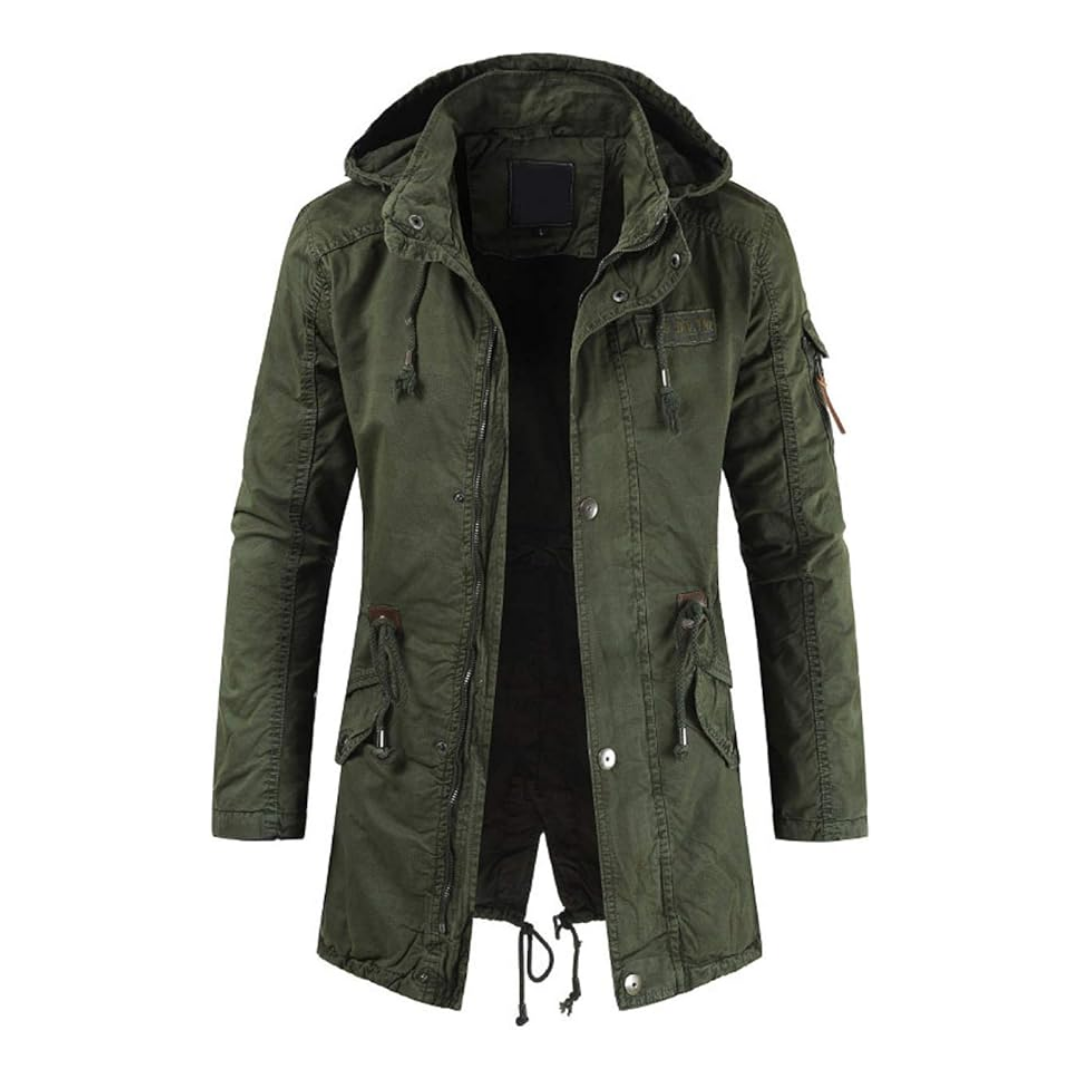 men's army green hooded field jacket front view