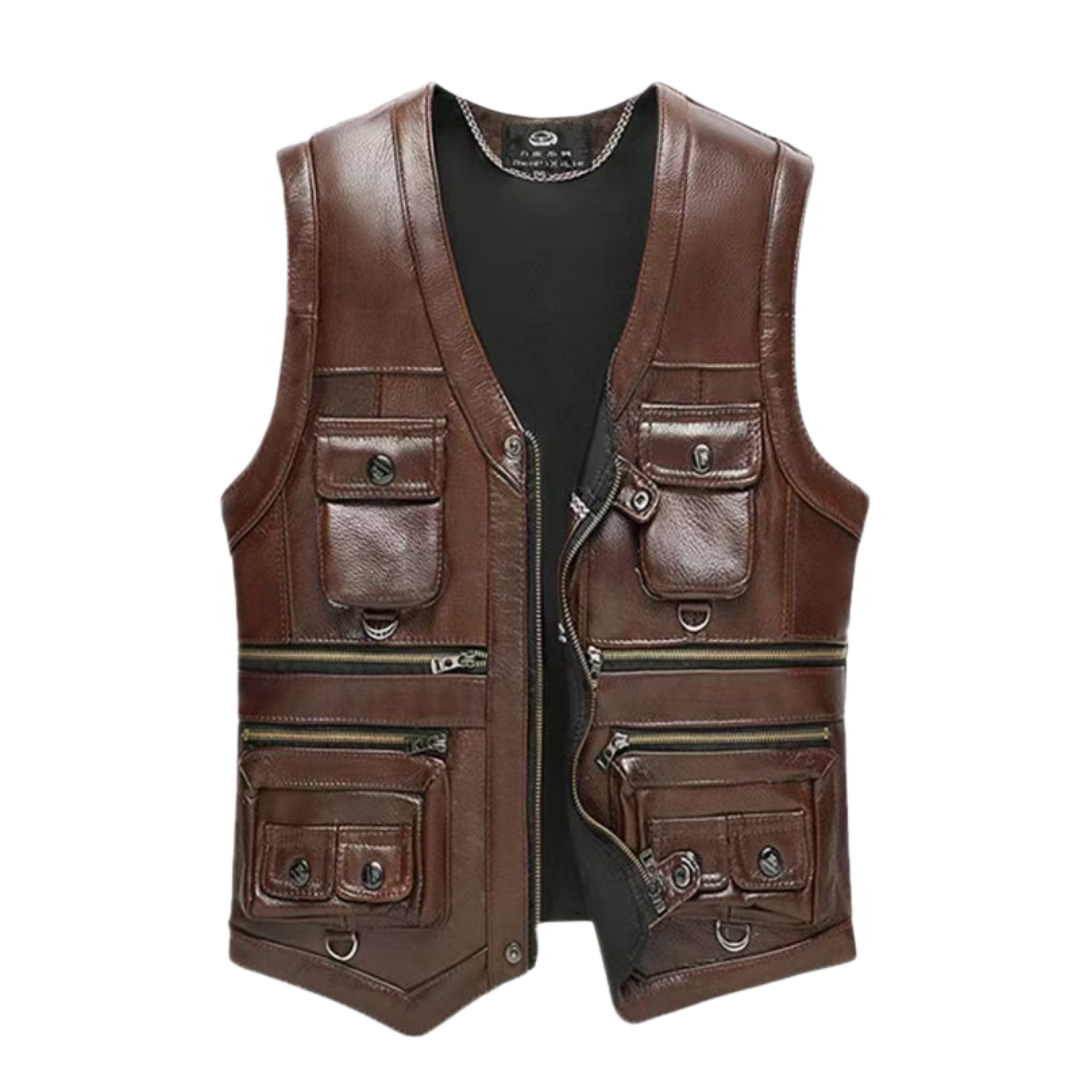 Brown cowhide utility vest front view with zipper and multiple pockets