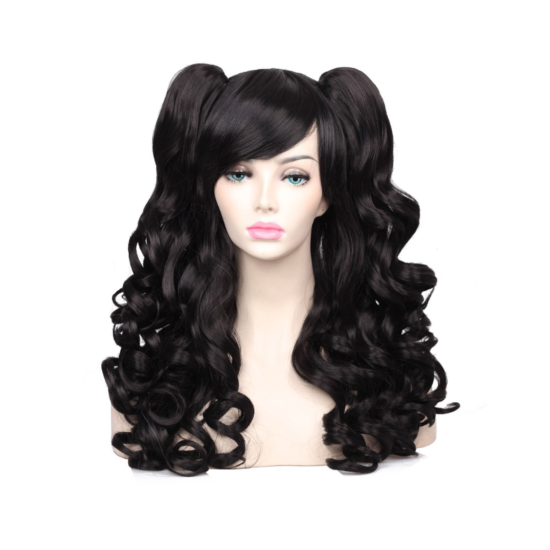 Black twin ponytail curly wig front view