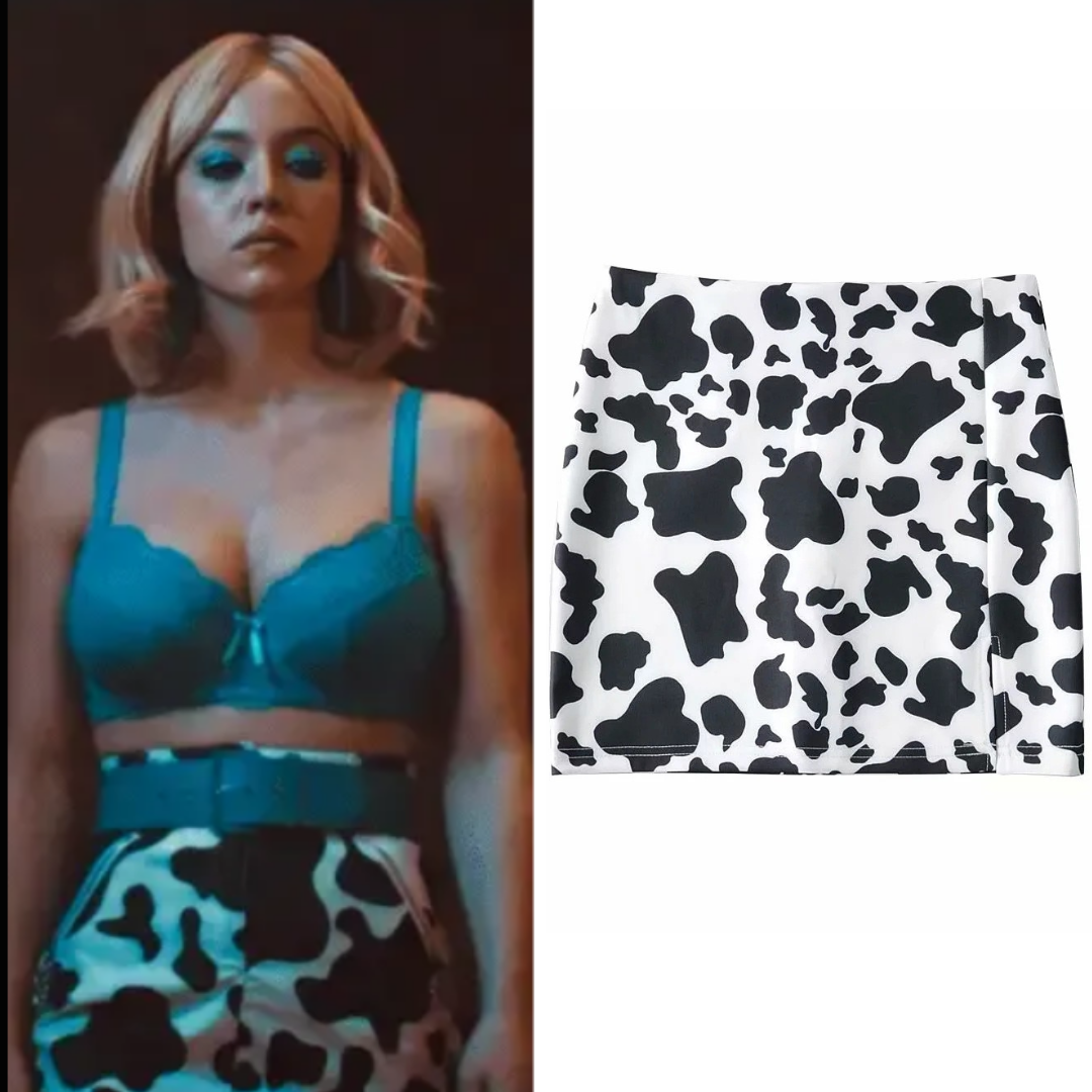 Euphoria Cassie Howard Costume Cow Print Bodycon Wrap Mini Skirt