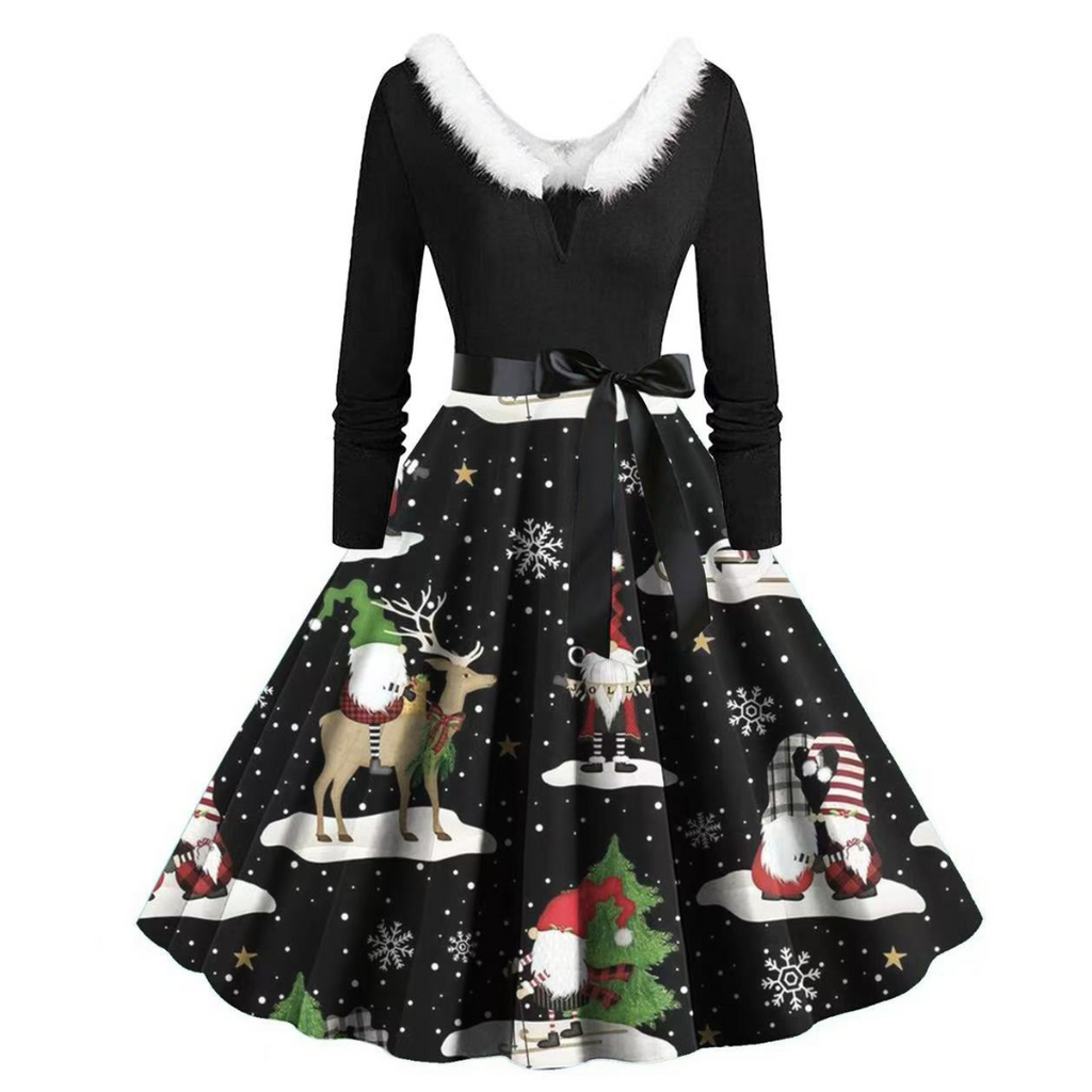 long sleeve christmas dress Christmas Costume Long Sleeve Hepburn Plush V Neck Dress