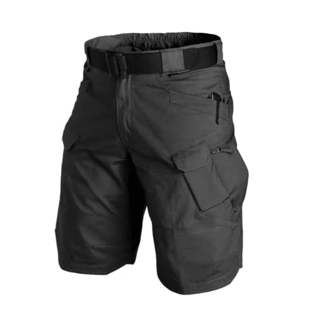 Black utility cargo shorts with multiple zip and flap pockets, front three-quarter view