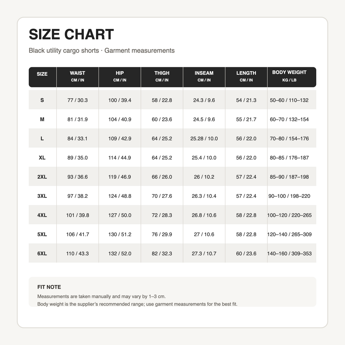 Black utility cargo shorts size chart in centimeters and inches