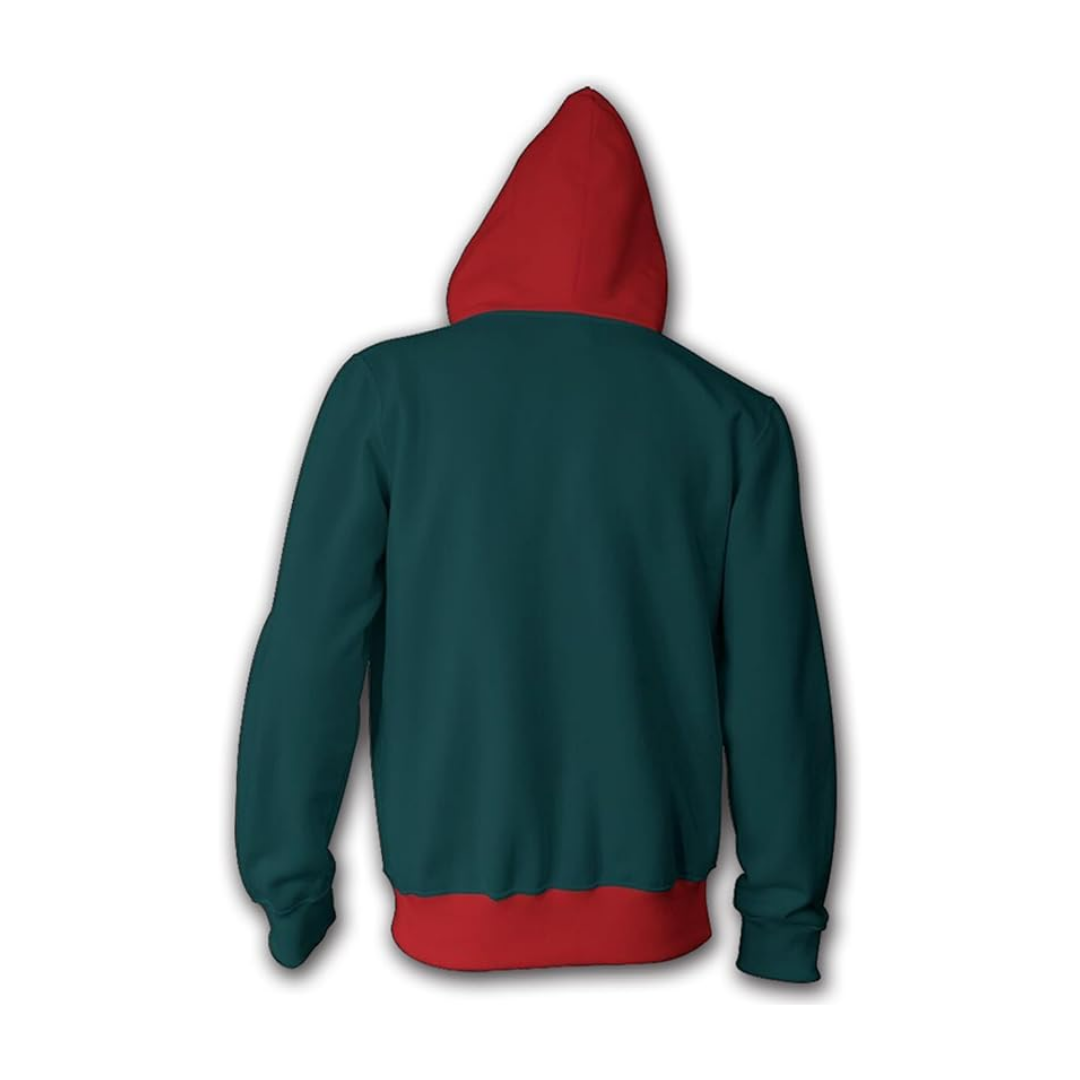 Teal green and red color-block zip hoodie, back view