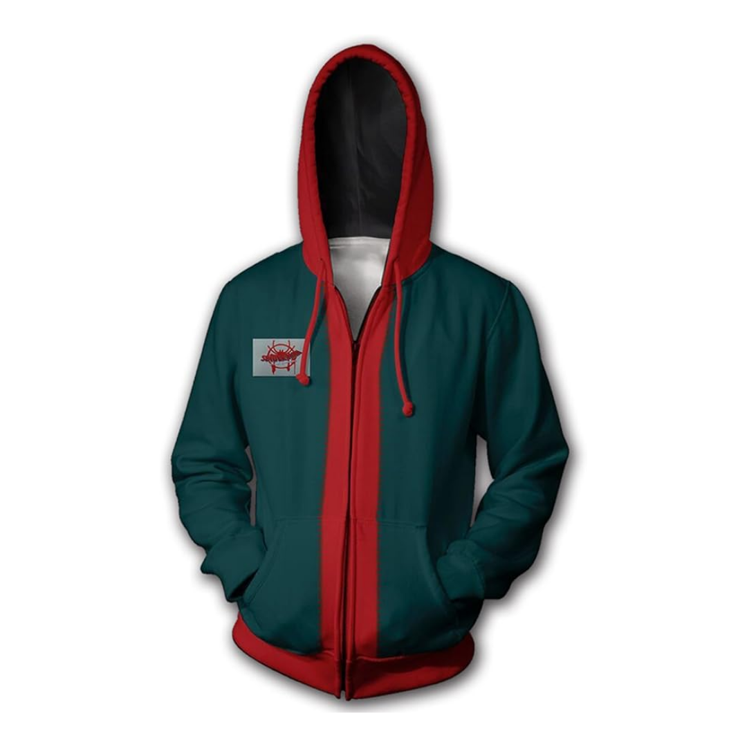 Teal green and red color-block zip hoodie, front view