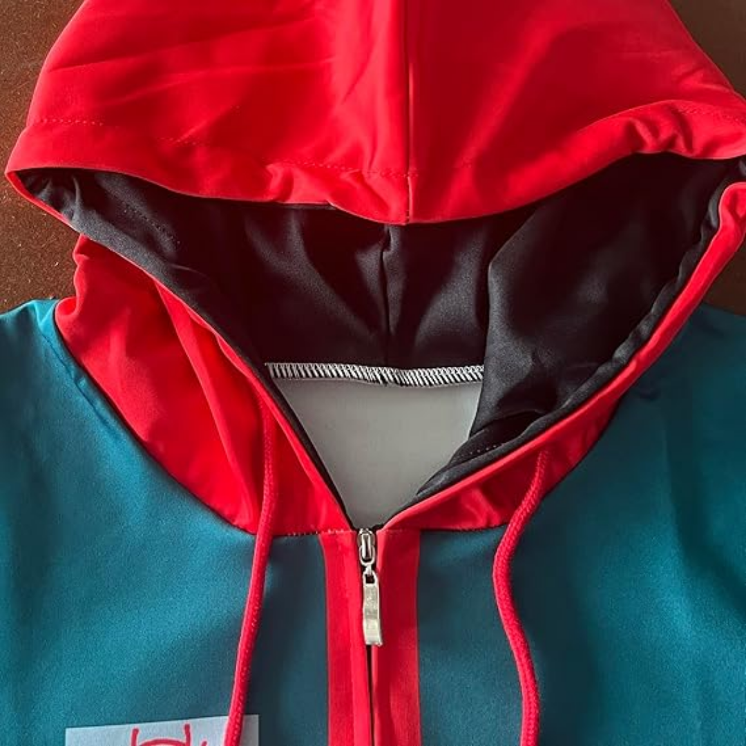 Red-lined hood and front zipper detail on teal green hoodie