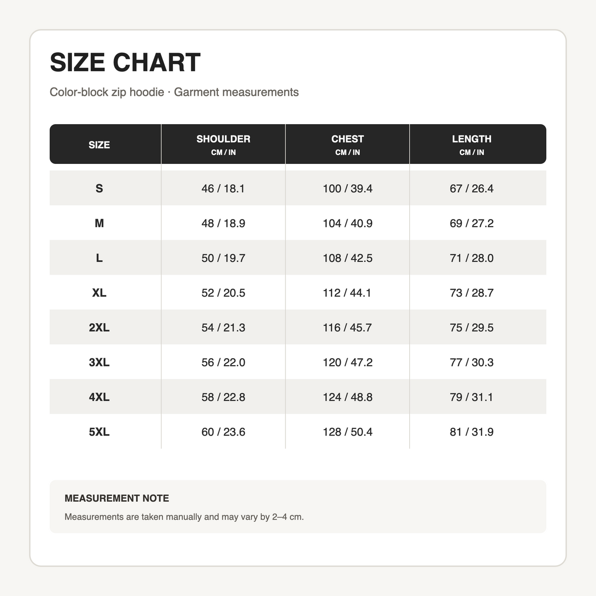 Color-block zip hoodie size chart in centimeters and inches