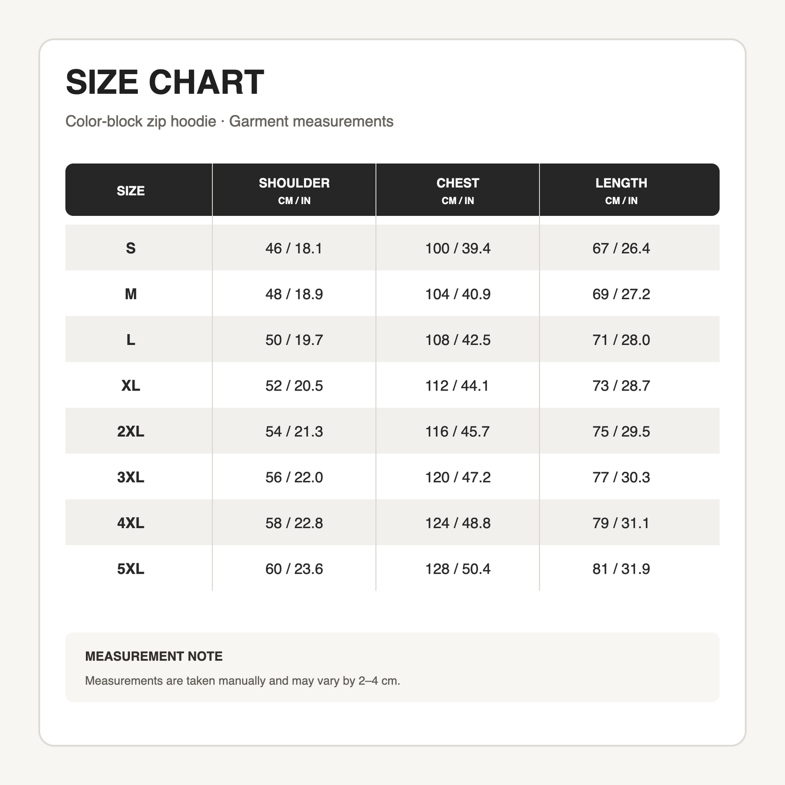 Color-block zip hoodie size chart in centimeters and inches