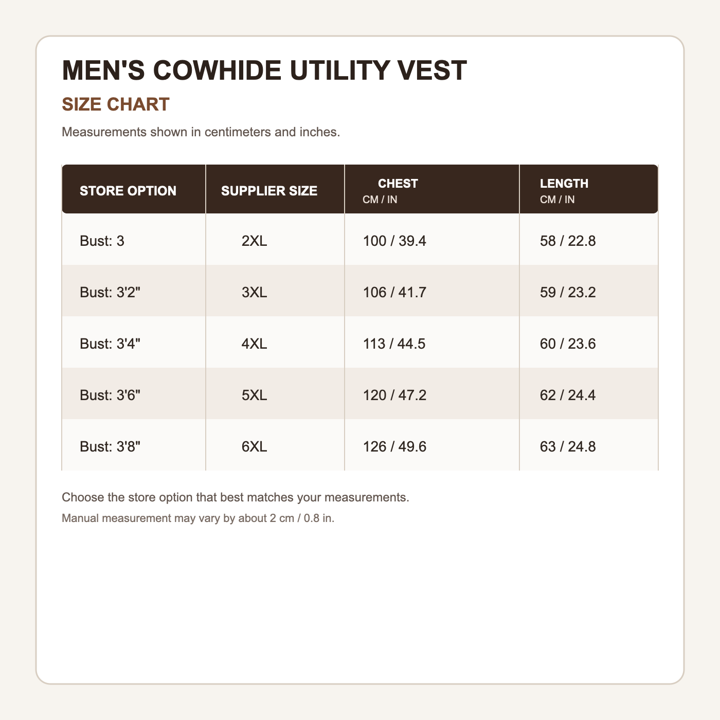 Men's cowhide utility vest size chart in centimeters and inches