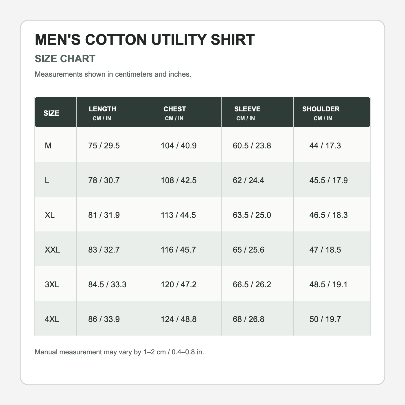 Men's cotton utility shirt size chart in centimeters and inches