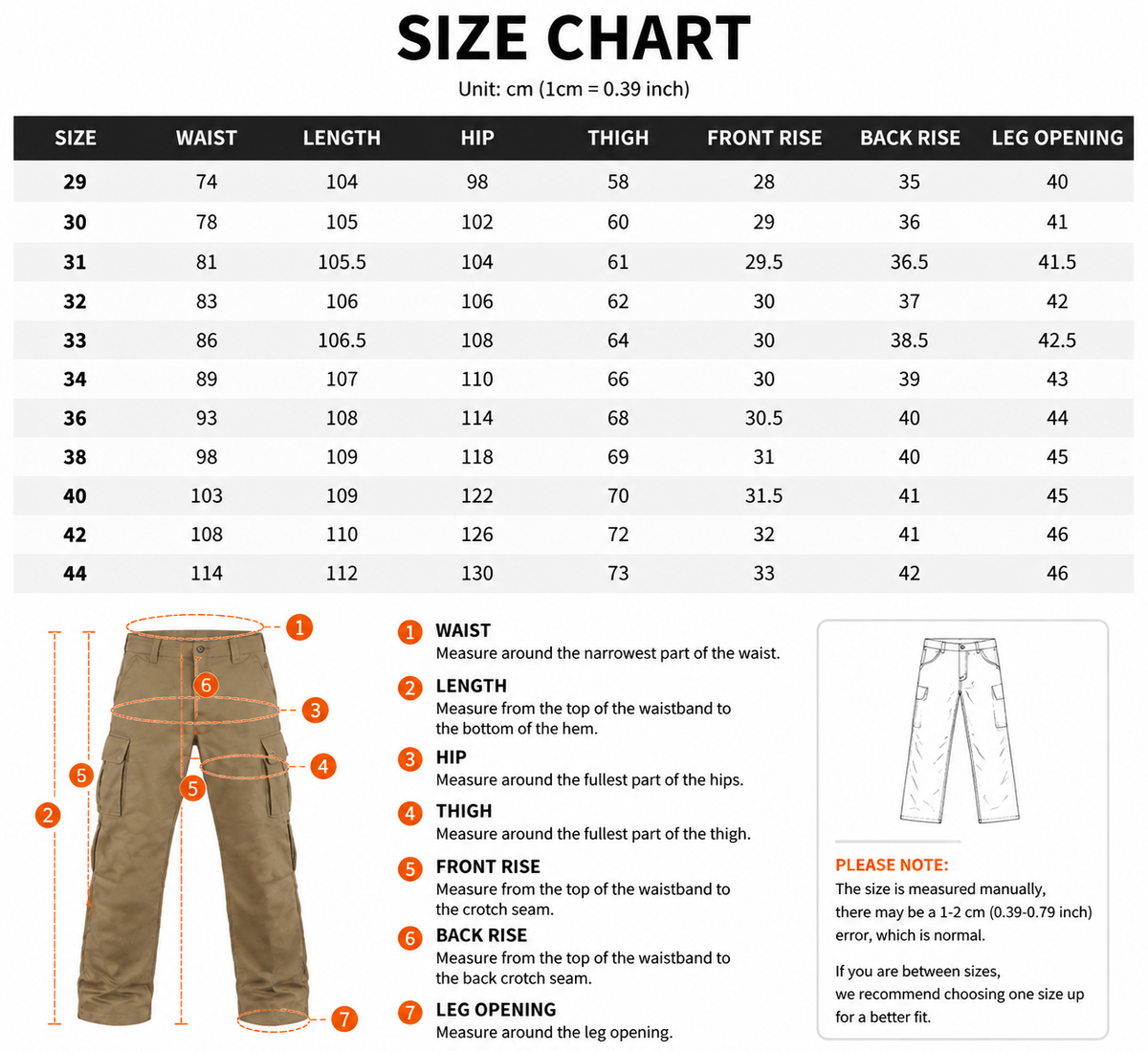 A size chart diagram for apparel measurements, showing a labeled waist, length, hip, thigh, front rise, back rise, and leg opening with numeric callouts and a size table in centimeters and inches.