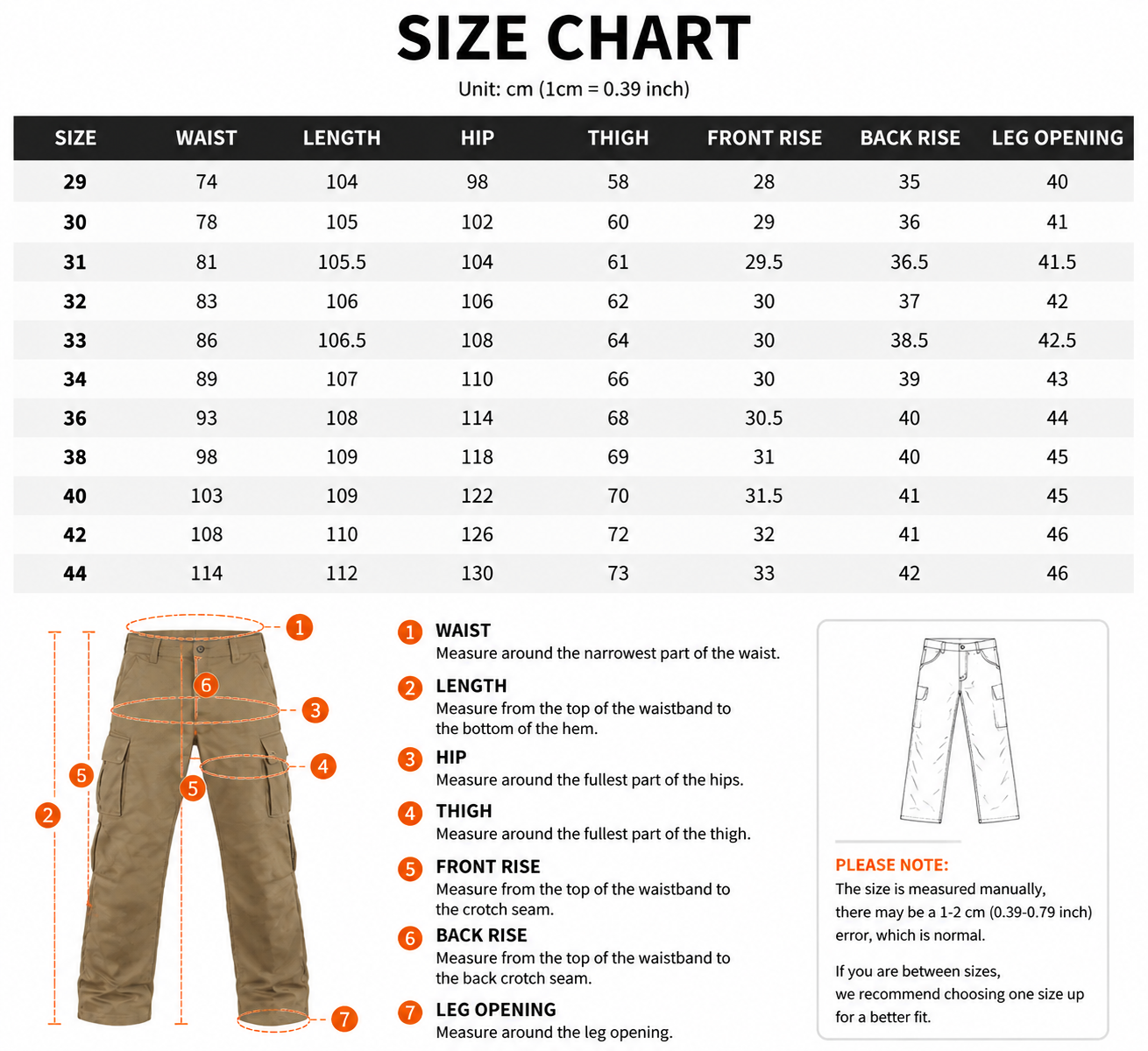 A size chart diagram for apparel measurements, showing a labeled waist, length, hip, thigh, front rise, back rise, and leg opening with numeric callouts and a size table in centimeters and inches.