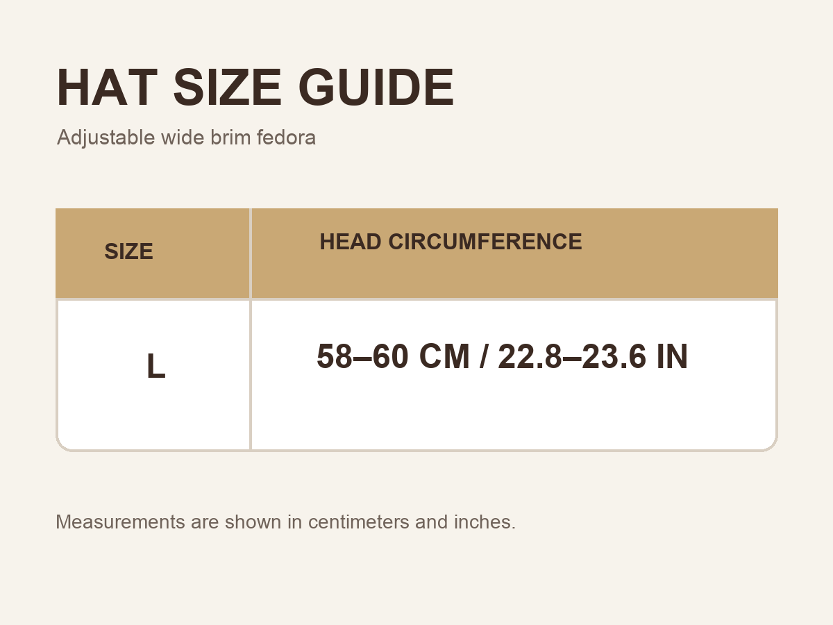Wide brim fedora hat size chart in centimeters and inches